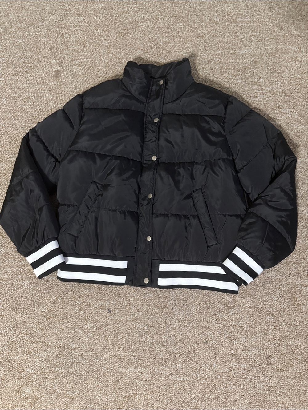 Fashion Nova Plus size 3x Black Puffer Jacket with White Striped Cuffs